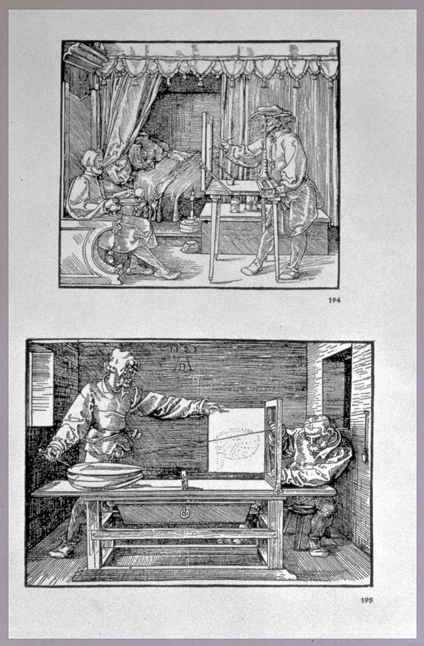 Apparaat voor het vertalen van driedimensionale objecten naar tweedimensionale tekeningen, twee scènes uit het eerste technische boek van de kunstenaar Inleiding in de Kunst van het Meten met Kompas en Liniaal door Albrecht Dürer