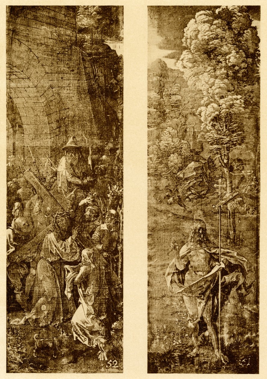 Draag van het kruis en Christus met de overwinningsvlag door Albrecht Dürer