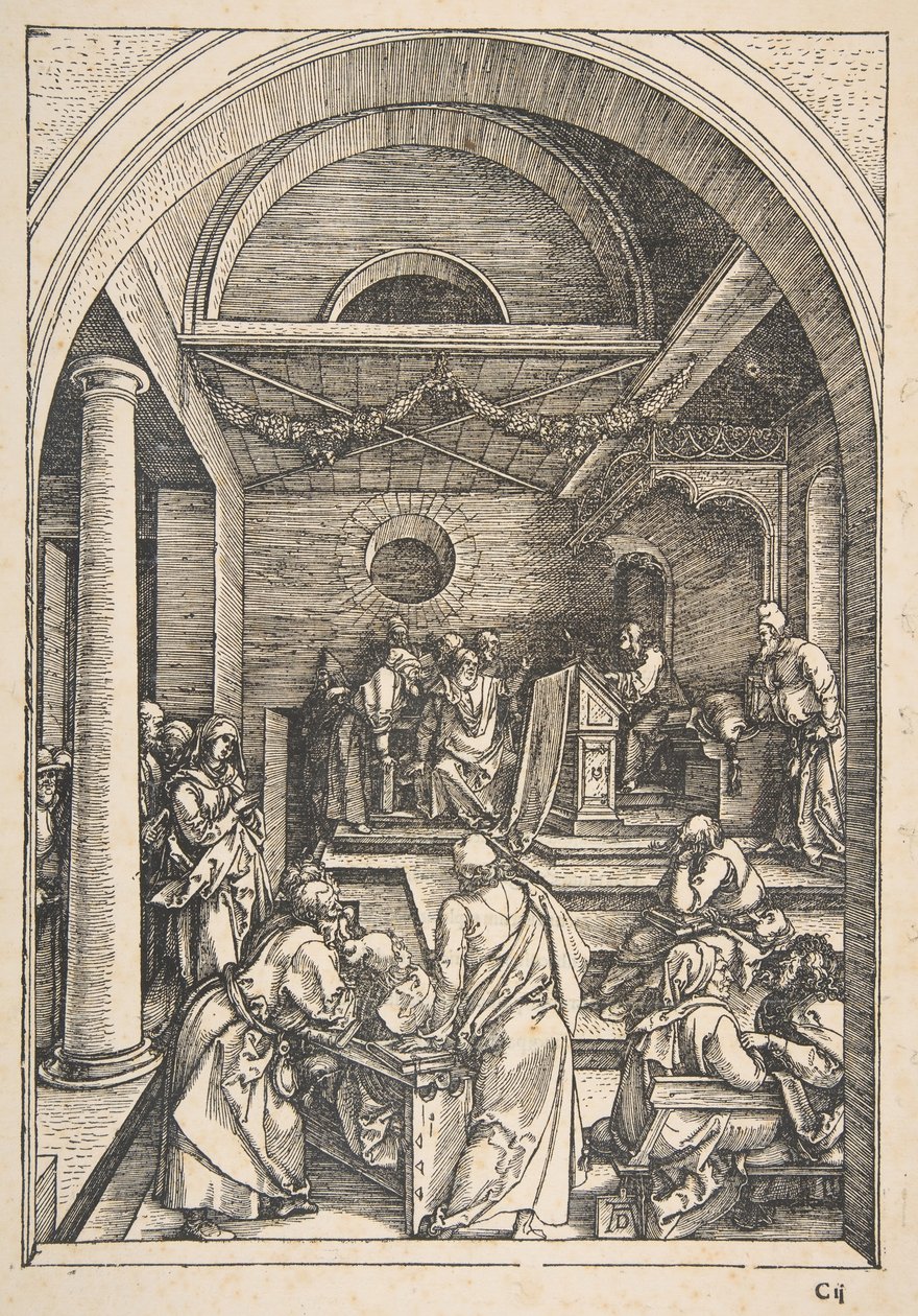 Christus tussen de Doktoren, uit Het Leven van de Maagd, Latijnse Editie, 1511 door Albrecht Dürer