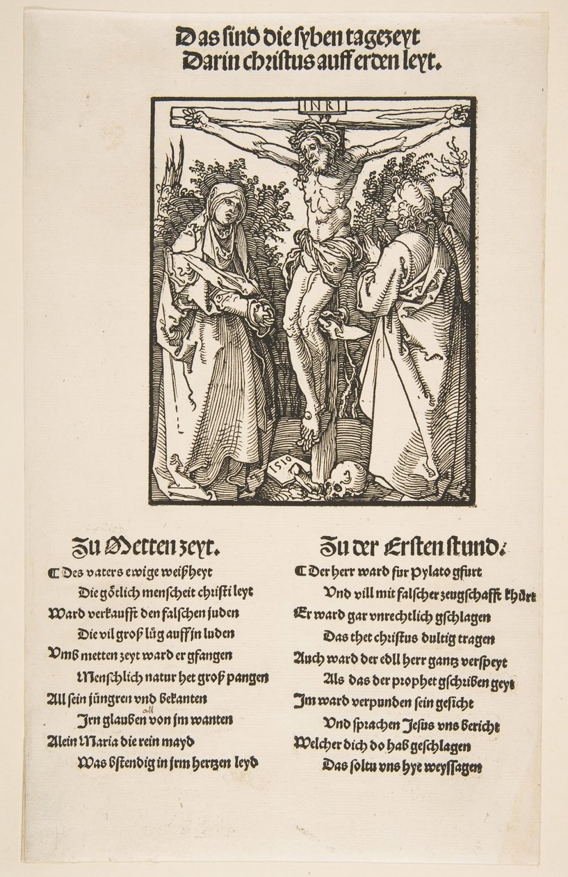 Christus aan het kruis tussen de Maagd en Sint Jan, eerste blad van twee, 1510 door Albrecht Dürer