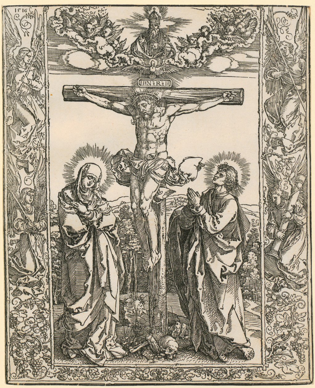 Christus aan het kruis met een rand van engelen door Albrecht Dürer