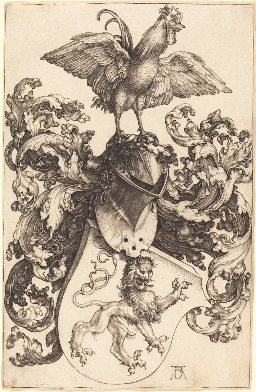 Wapen met een leeuw en een haan door Albrecht Dürer