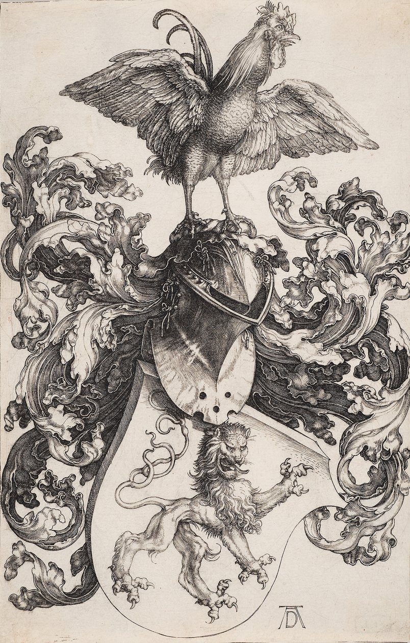 Wapen met een leeuw en een haan door Albrecht Dürer