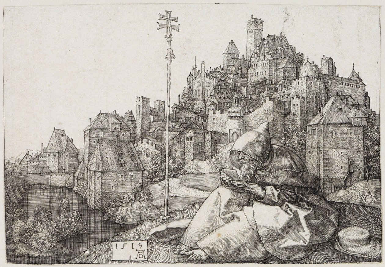 De heilige Antonius voor de stad door Albrecht Dürer