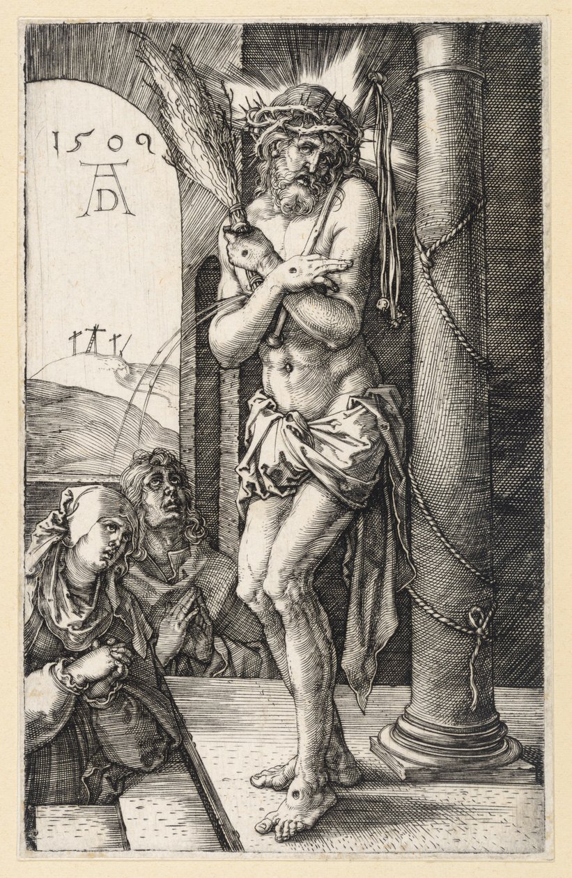 De Lijdende aan de geselzuil (Passie in kopergravure) door Albrecht Dürer