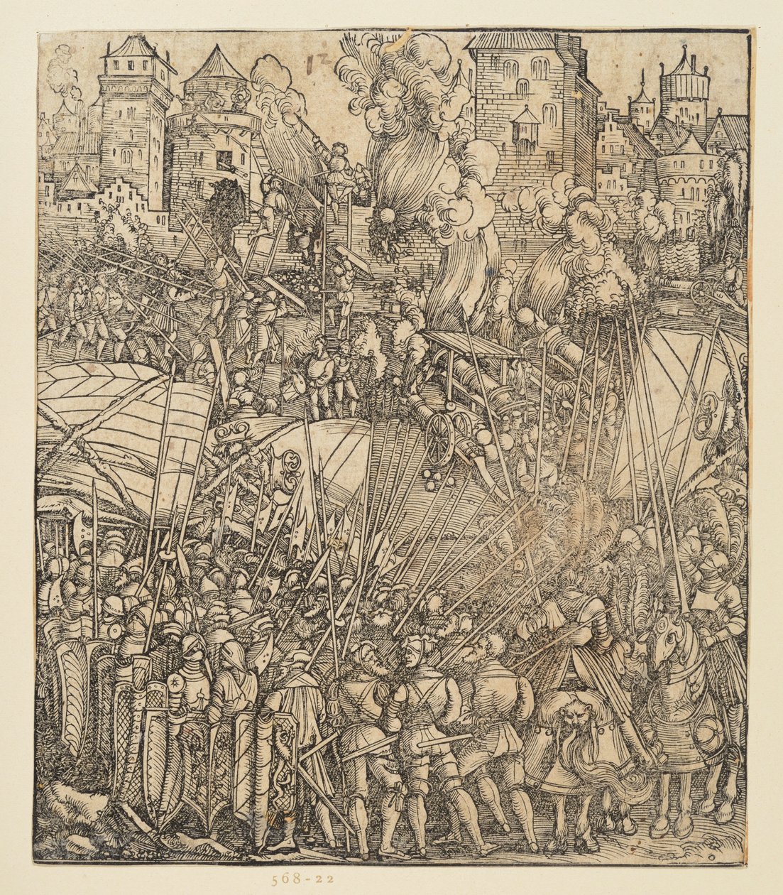 De triomfboog van keizer Maximiliaan I (fragment v. 24b): de gevechtsscène linksboven door Albrecht Dürer