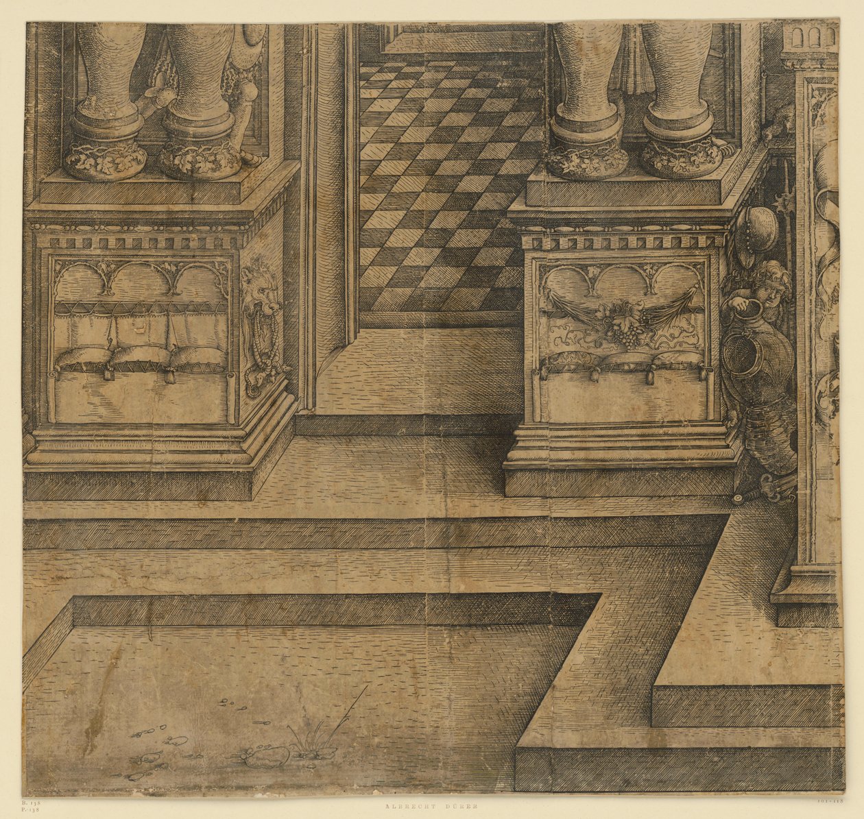 De erepoort van keizer Maximiliaan I (10): de sokkels van het linkerportaal door Albrecht Dürer