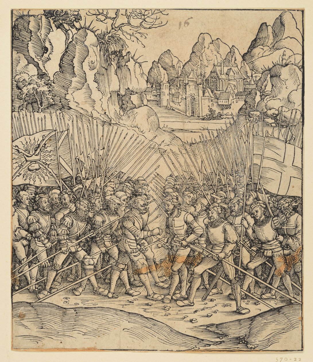 De erepoort van keizer Maximiliaan I (fragment van 24b): De veldslagscène linksonder door Albrecht Dürer