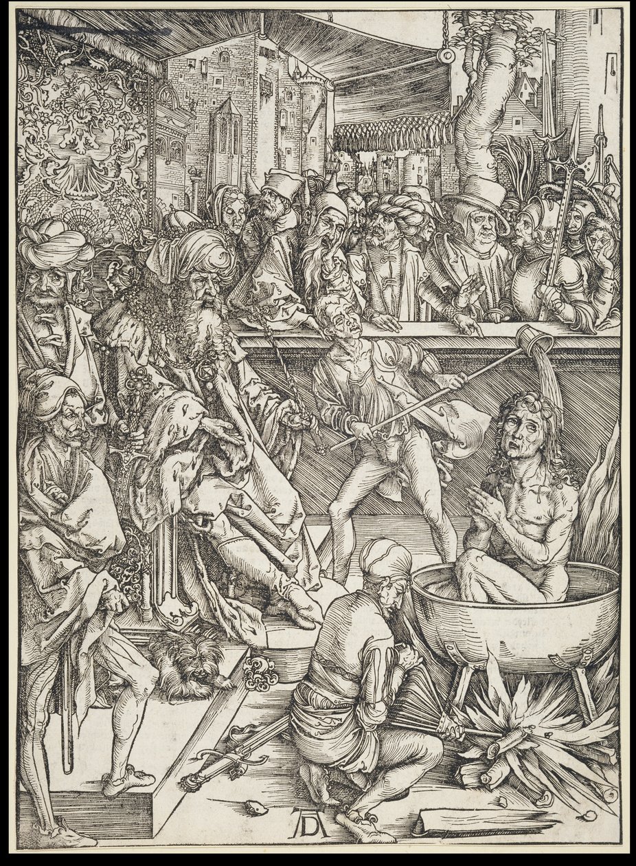 Het martelaarschap van Johannes de Evangelist, uit de reeks van de Apocalyps, eerste Duitse uitgave 1498 door Albrecht Dürer