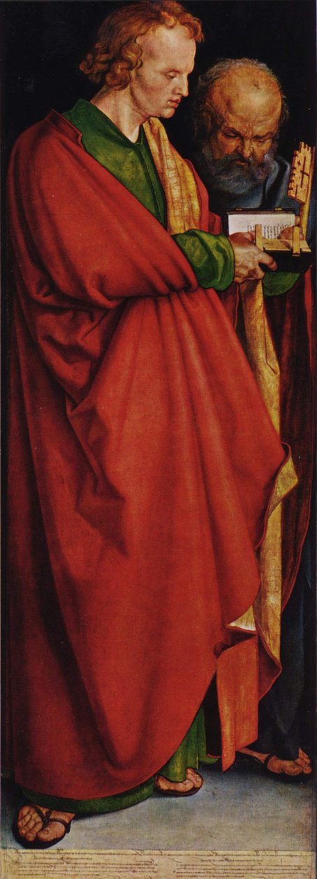 De vier apostelen, linker deel, scène: Johannes en Petrus door Albrecht Dürer
