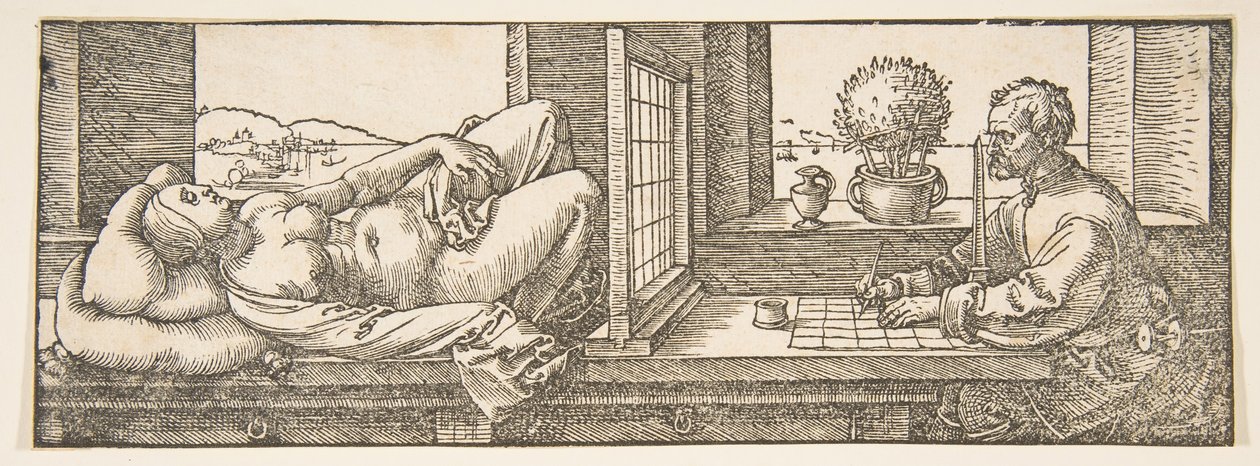 Tekenaar die een Perspectieftekening Maakt van een Liggende Vrouw, ca. 1600 door Albrecht Dürer