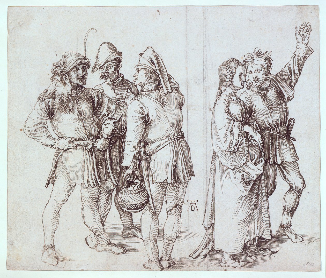 Drie marktboeren en een boerenpaar door Albrecht Dürer