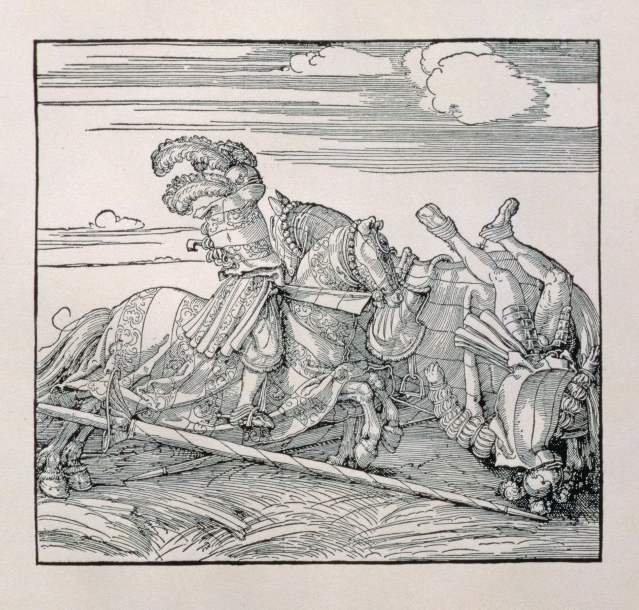 Keizer Maximiliaan I van Duitsland (1459-1519) werpt een tegenstander uit het zadel in een steekspel, uit een ongepubliceerd boek dat de ridderlijke daden van de keizer verheerlijkt, c.1515 door Albrecht Dürer