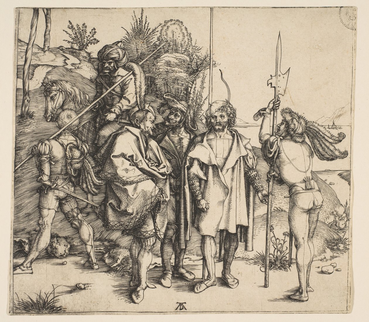 Vijf voetsoldaten en een bereden Turk, ca. 1495 door Albrecht Dürer