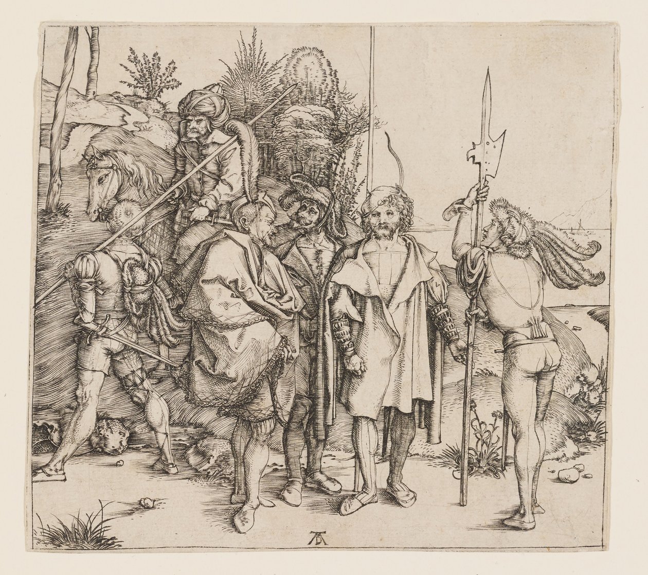Vijf voetsoldaten en een bereden Turk door Albrecht Dürer