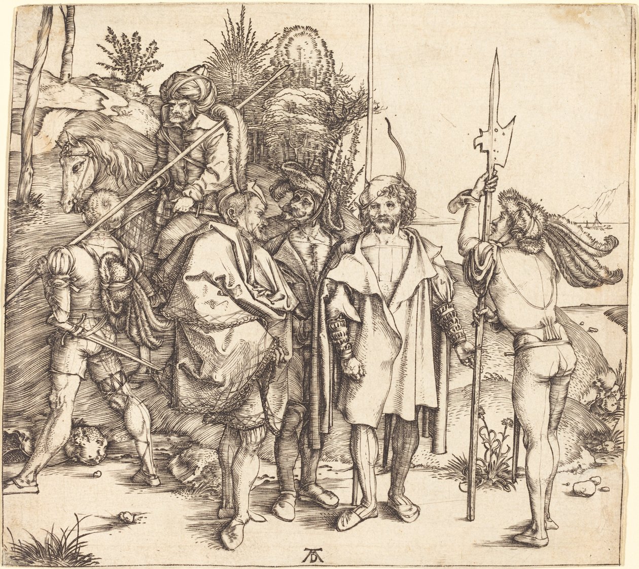Vijf Soldaten en een Turk te Paard door Albrecht Dürer