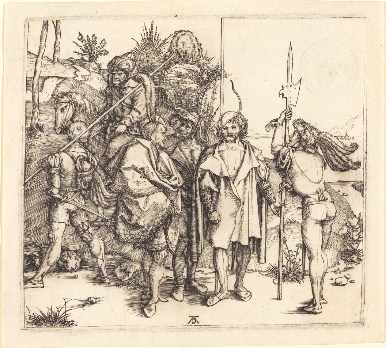 Vijf Soldaten en een Turk te Paard door Albrecht Dürer