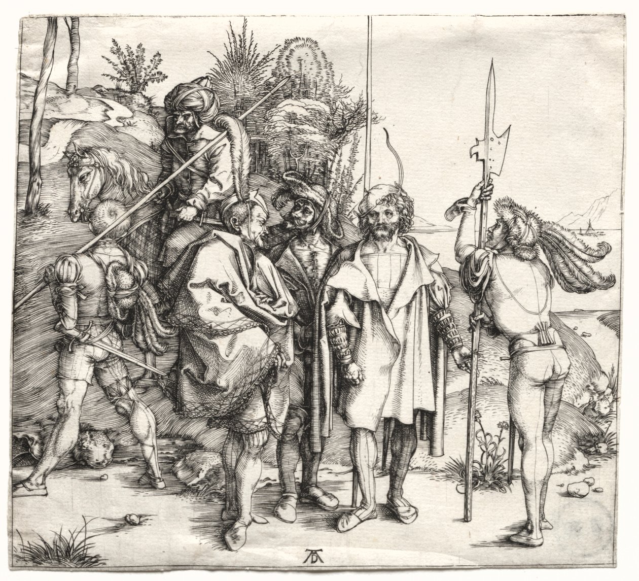 Vijf Soldaten en een Turk te Paard door Albrecht Dürer