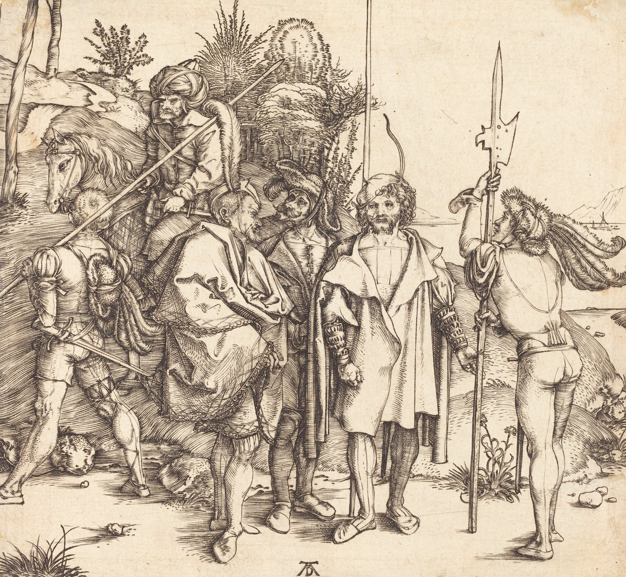 Vijf soldaten en een Turk te paard door Albrecht Dürer