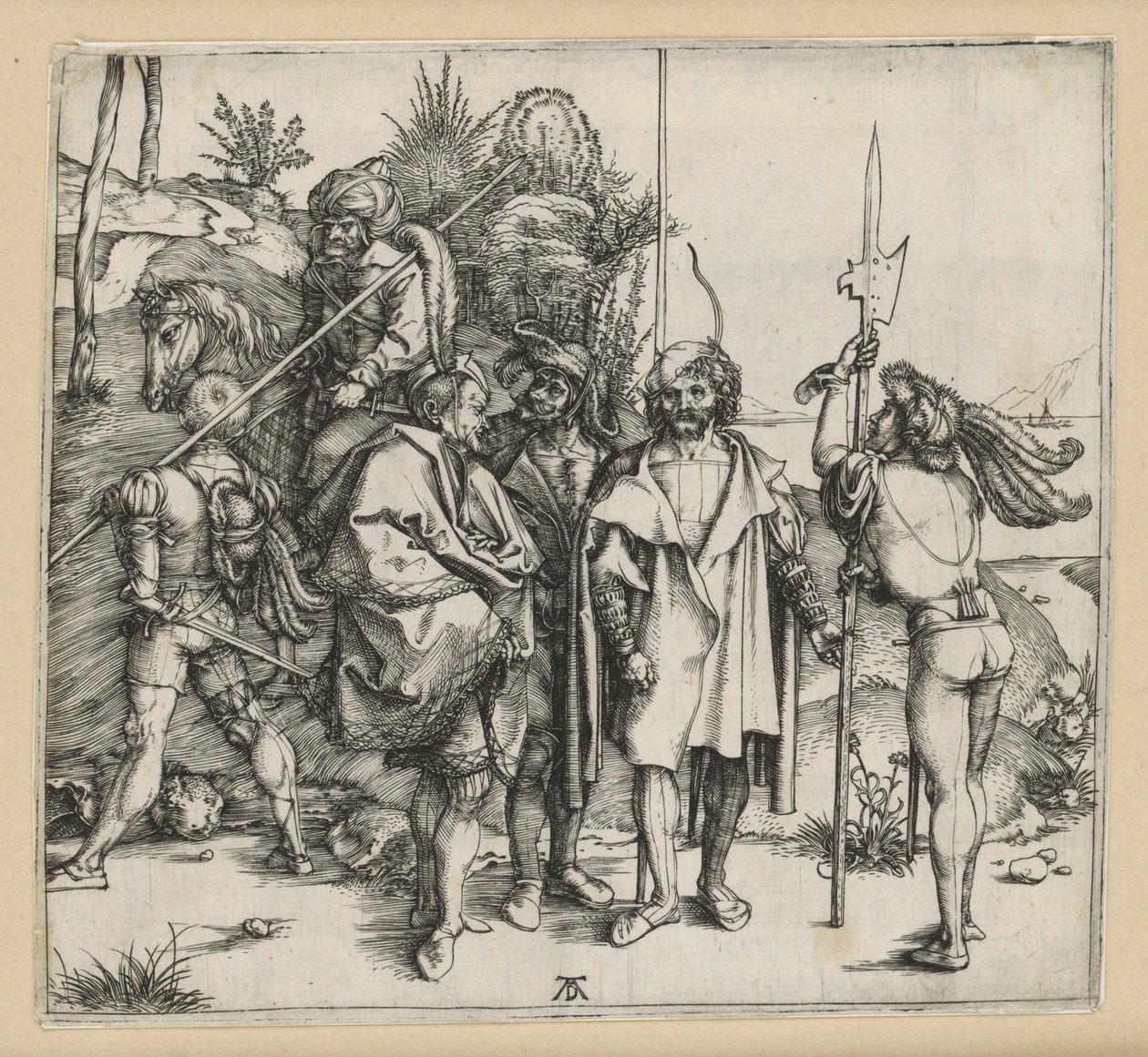 Vijf soldaten en een Turk te paard door Albrecht Dürer