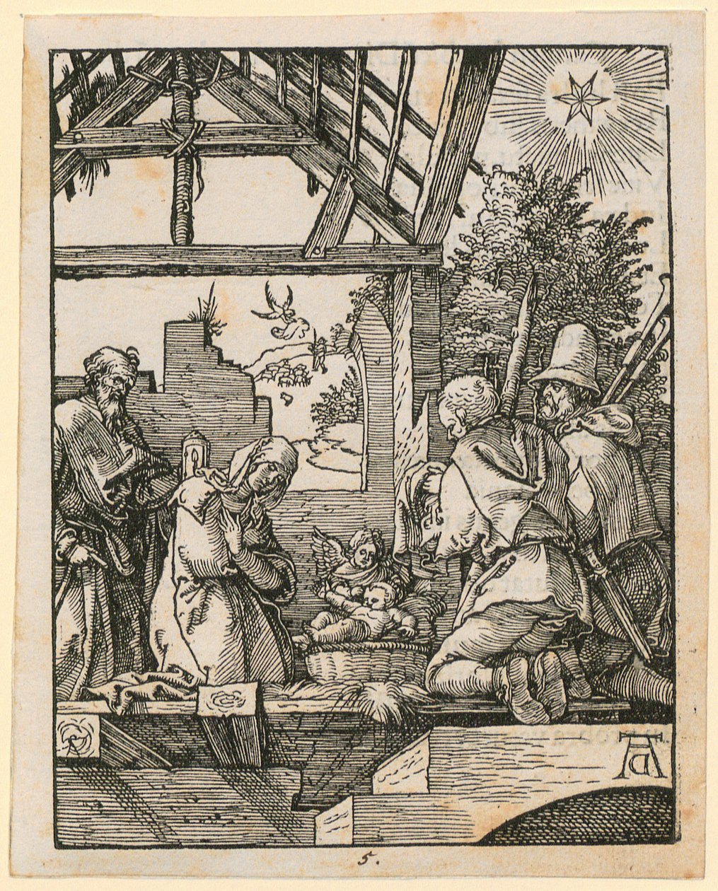 Geboorte van Christus, blad 5 uit de reeks „Kleine houtsnedepassie“ door Albrecht Dürer