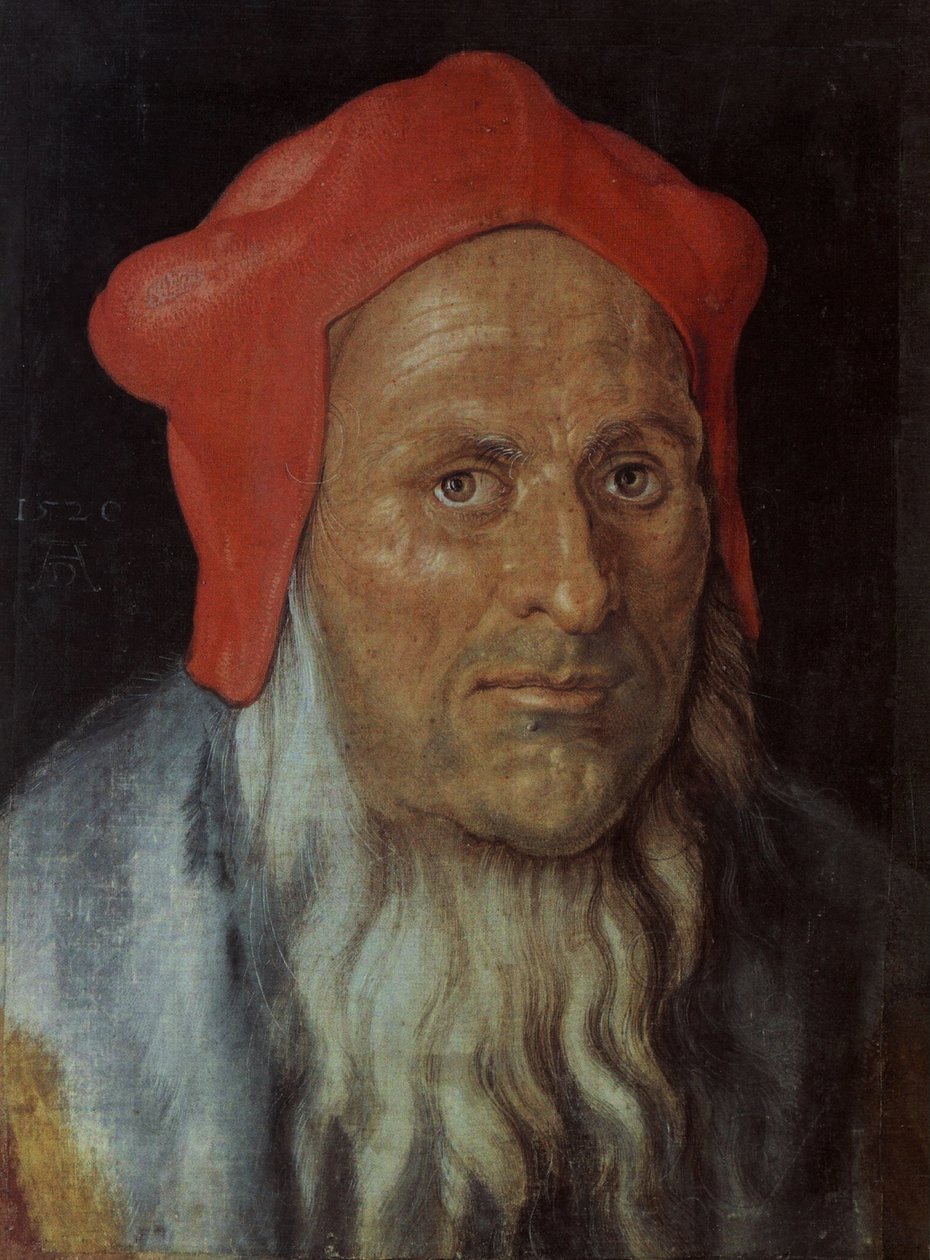 Duits: Portret van een bebaarde man met een rode muts Portret van een man door Albrecht Dürer
