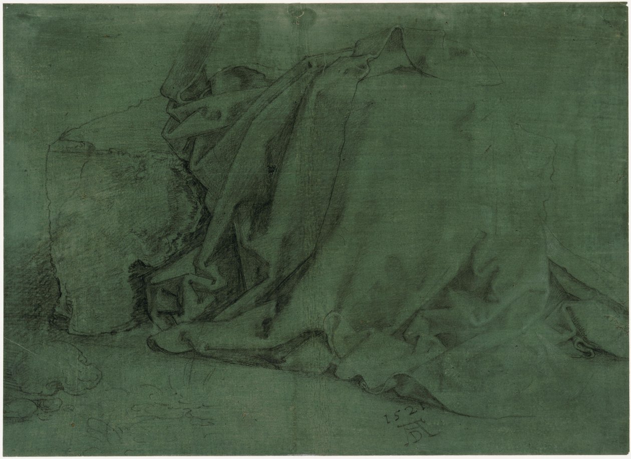 Draperiestudie van een vrouw zittend op een stenen bank door Albrecht Dürer