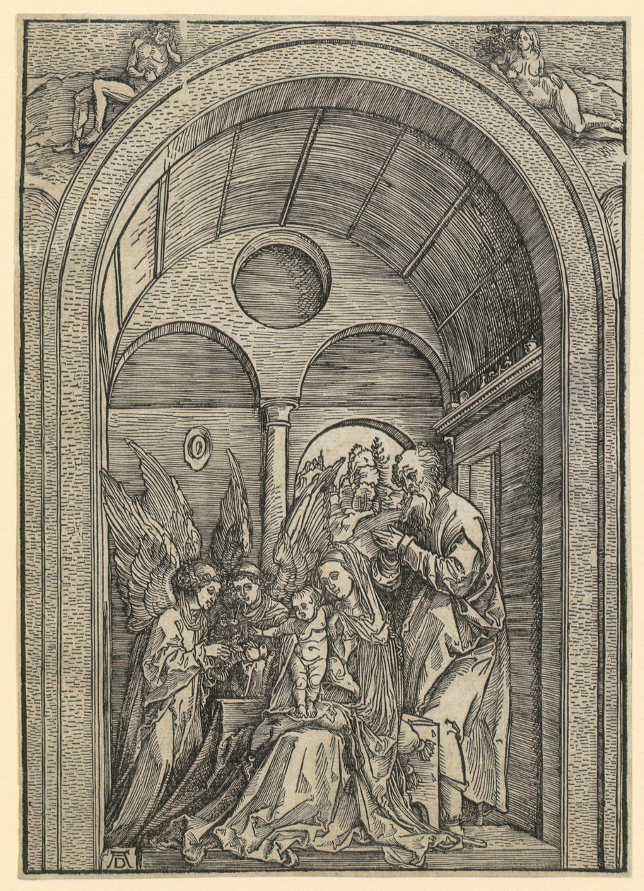 Heilige Familie met twee engelen in het gewelf door Albrecht Dürer