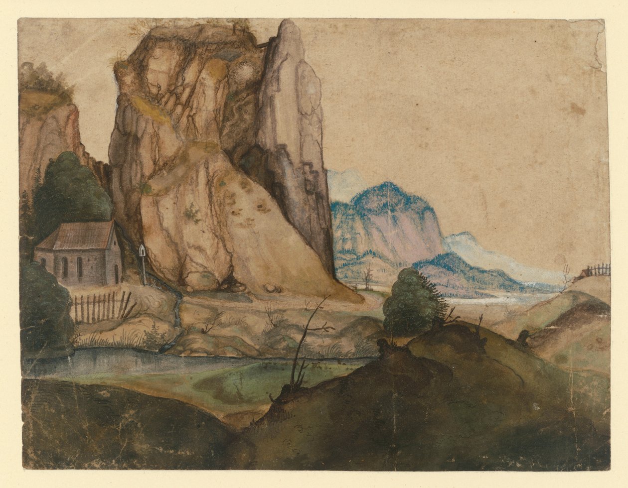 Heuvelachtig landschap met een kapel onder hoge rotsen door Albrecht Dürer