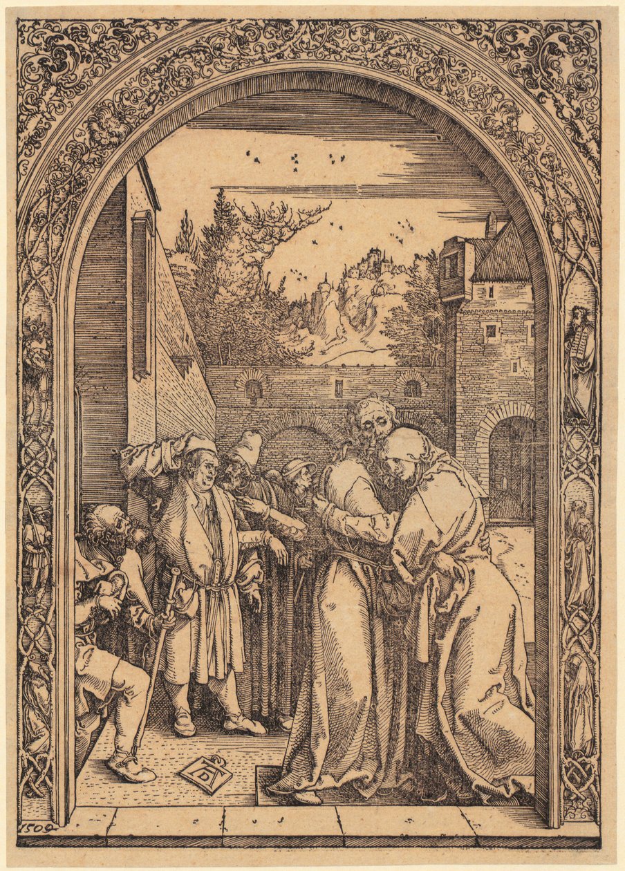 Joachim en Anna onder de Gouden Poort, blad 4 uit de serie „Het leven van Maria” door Albrecht Dürer