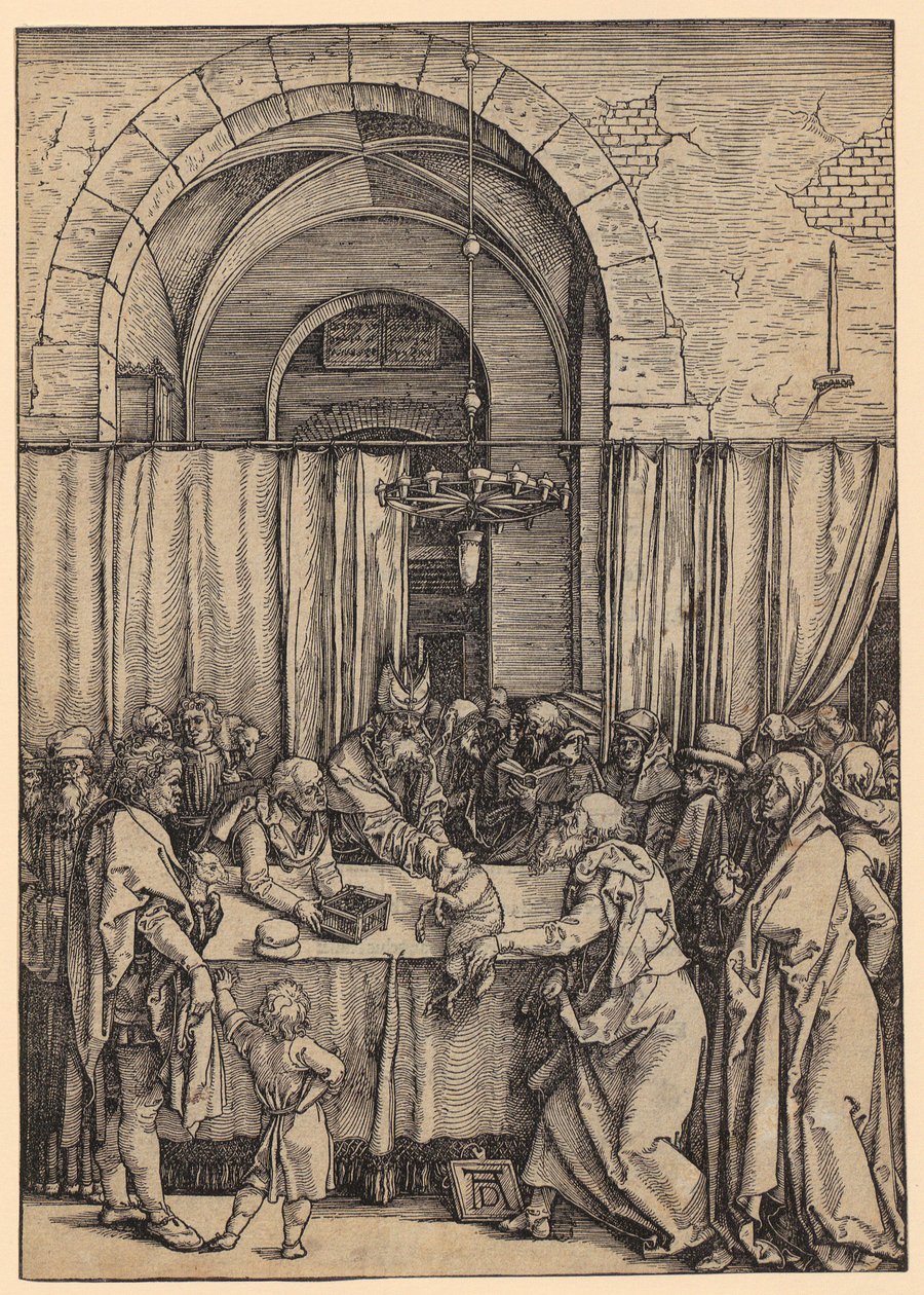 Het offer van Joachim wordt door de hogepriester afgewezen, blad 2 van de aflevering „Het leven van Maria” door Albrecht Dürer