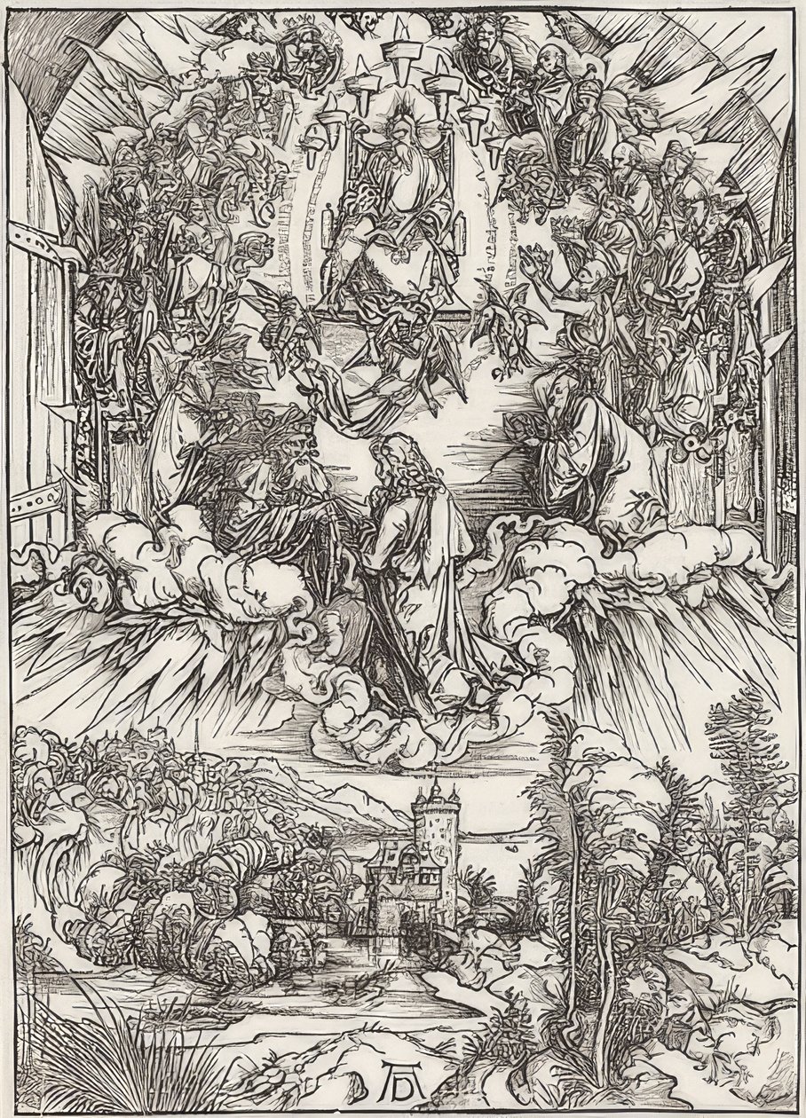 Johannes voor God de Vader en de Oudsten, uit de reeks van de Apocalyps. 1496 door Albrecht Dürer