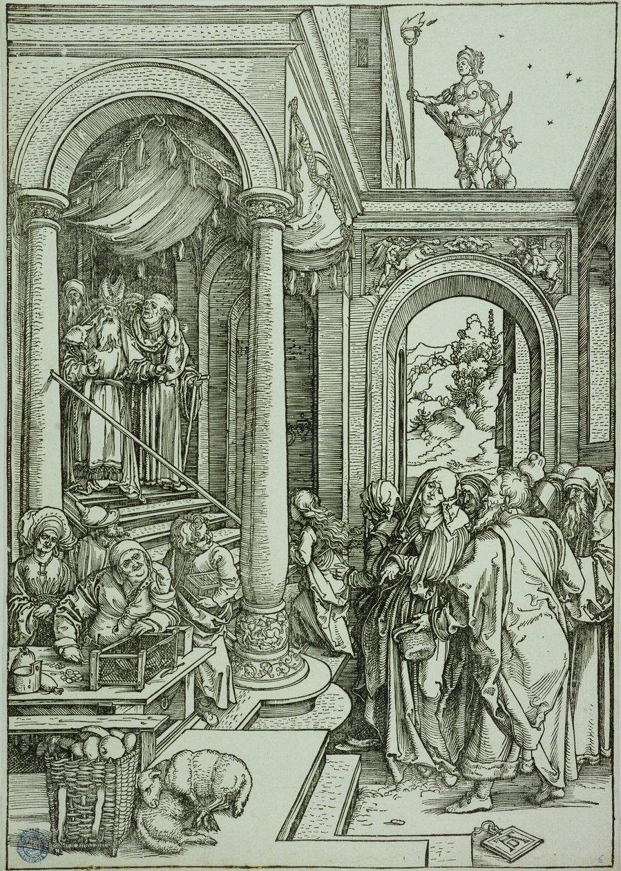 Het leven van de Maagd: De opoffering van de Maagd in de tempel (Bartsch 81) door Albrecht Dürer