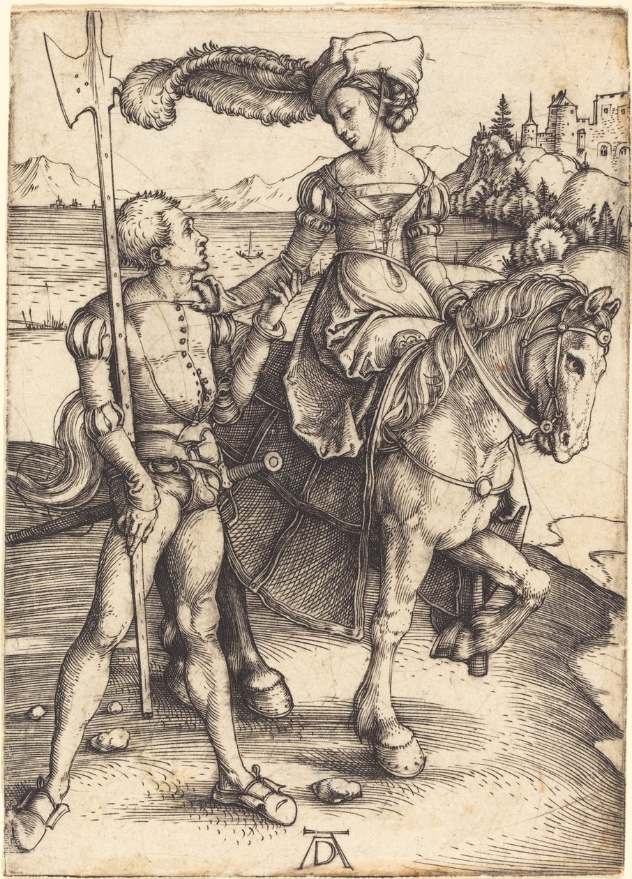Dame te paard en de Lansquenet door Albrecht Dürer
