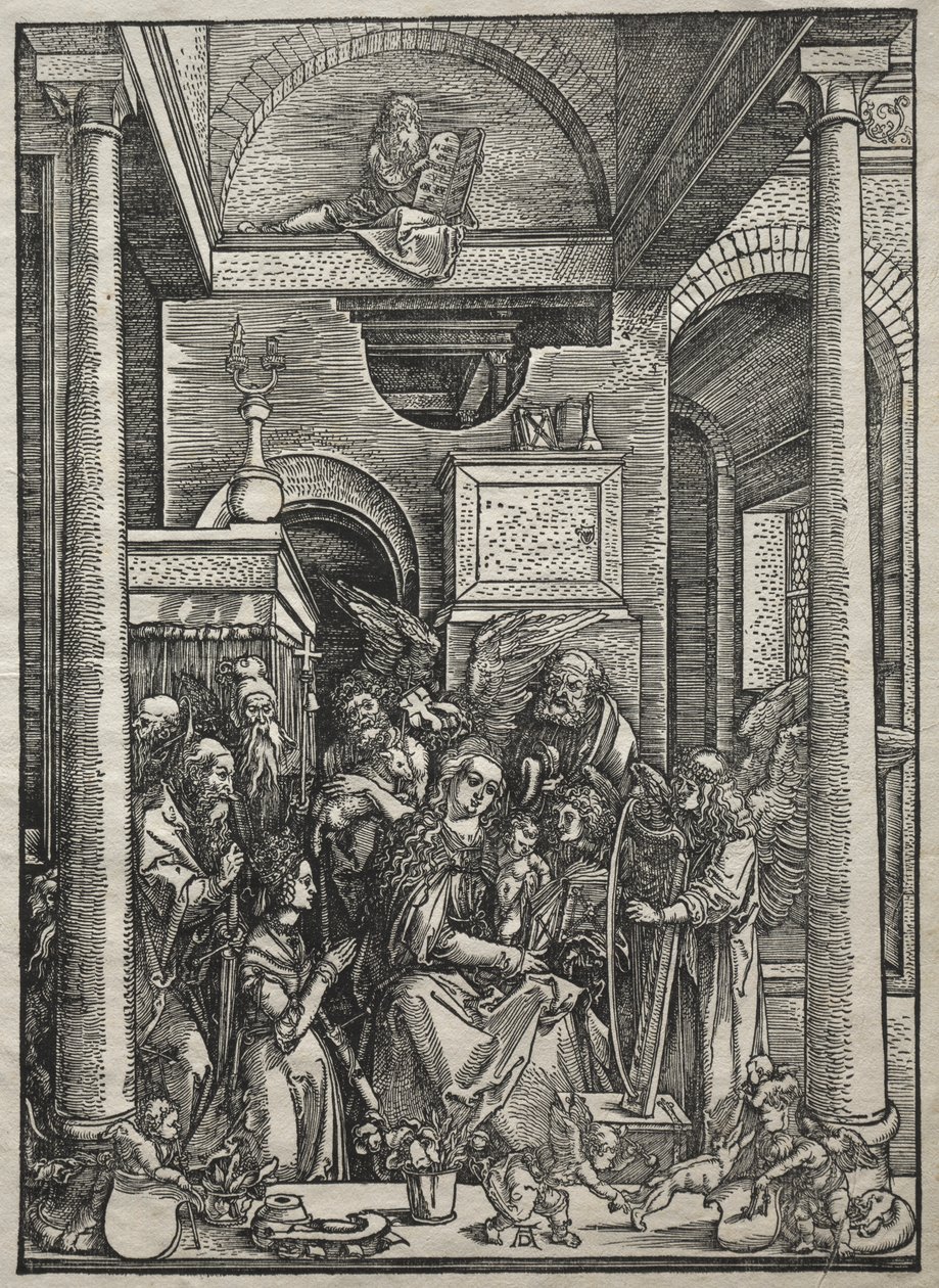 Leven van de Maagd: Aanbidding van de Maagd en het Kind door heiligen en engelen door Albrecht Dürer