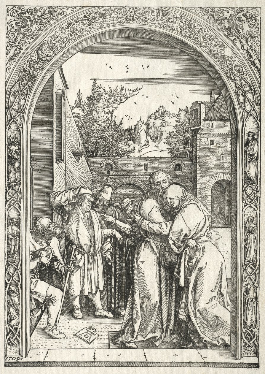Leven van de Maagd: Joachim en Anna omhelzen elkaar onder de Gouden Poort door Albrecht Dürer