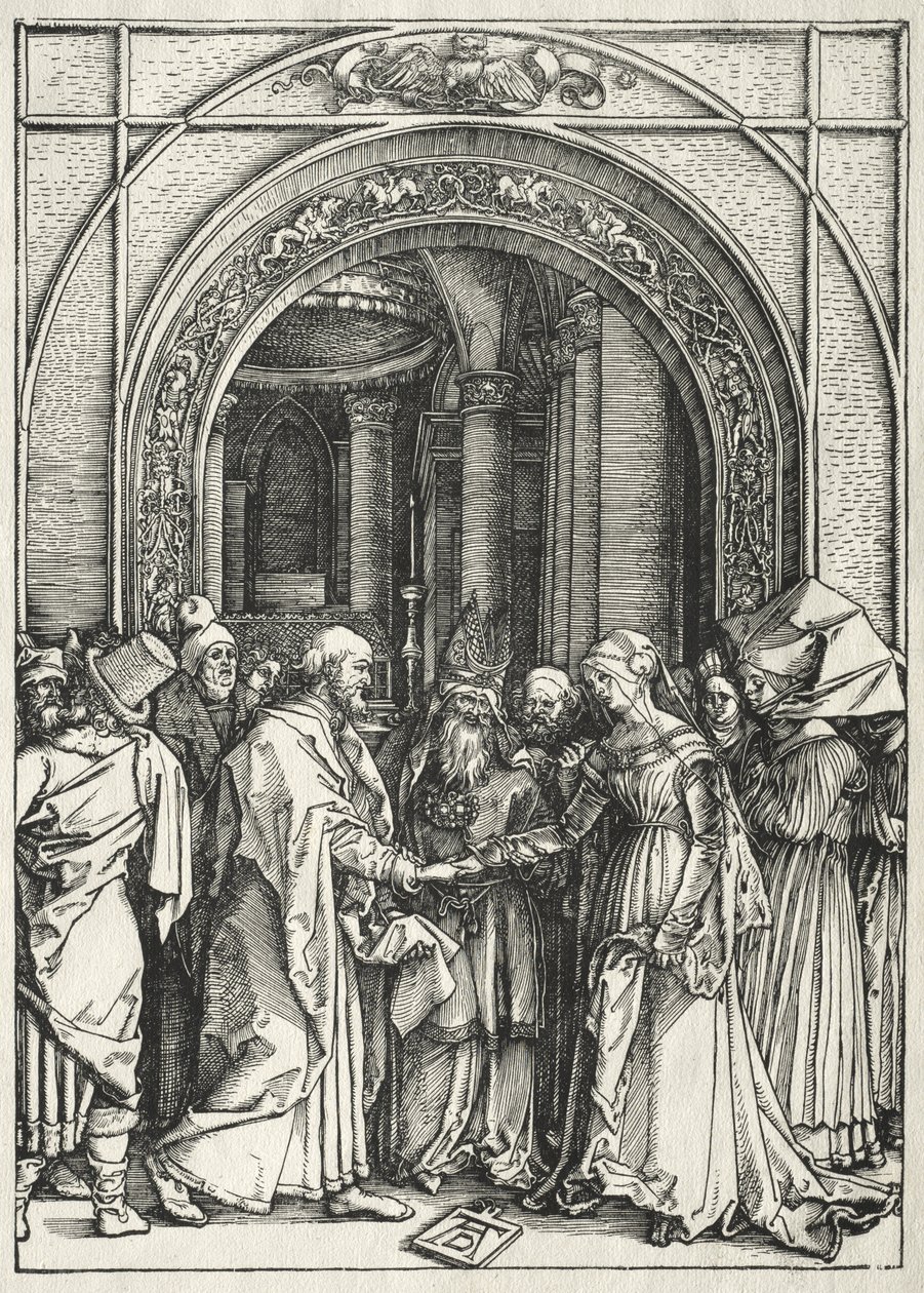 Het leven van de Maagd:  Het huwelijk van de Maagd en de heilige Jozef door Albrecht Dürer