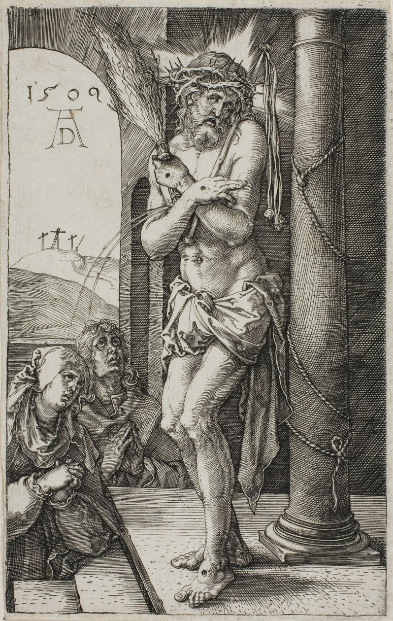Man van smarten bij de zuil, frontispice uit De gegraveerde passie door Albrecht Dürer