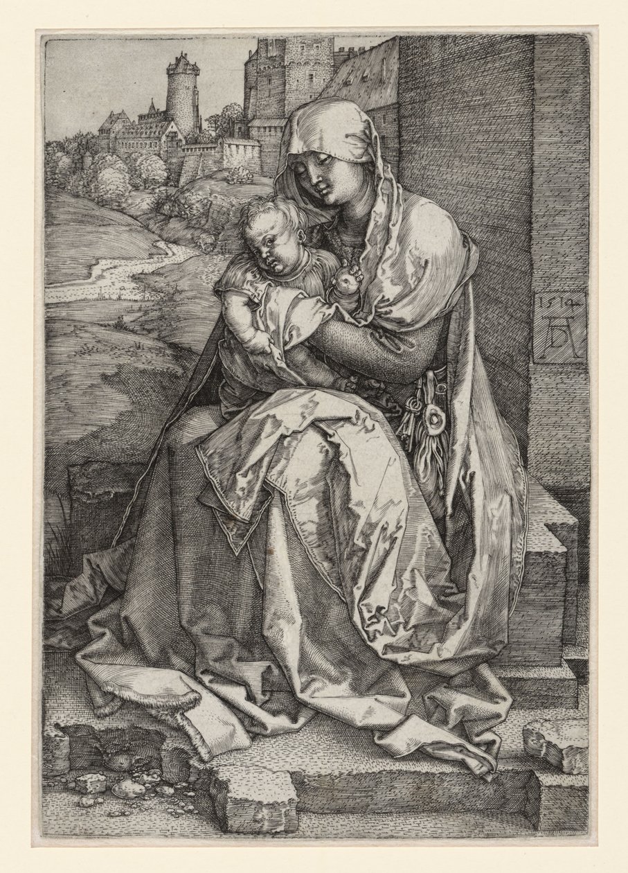 Maria met het Kind, zittend voor een muur door Albrecht Dürer