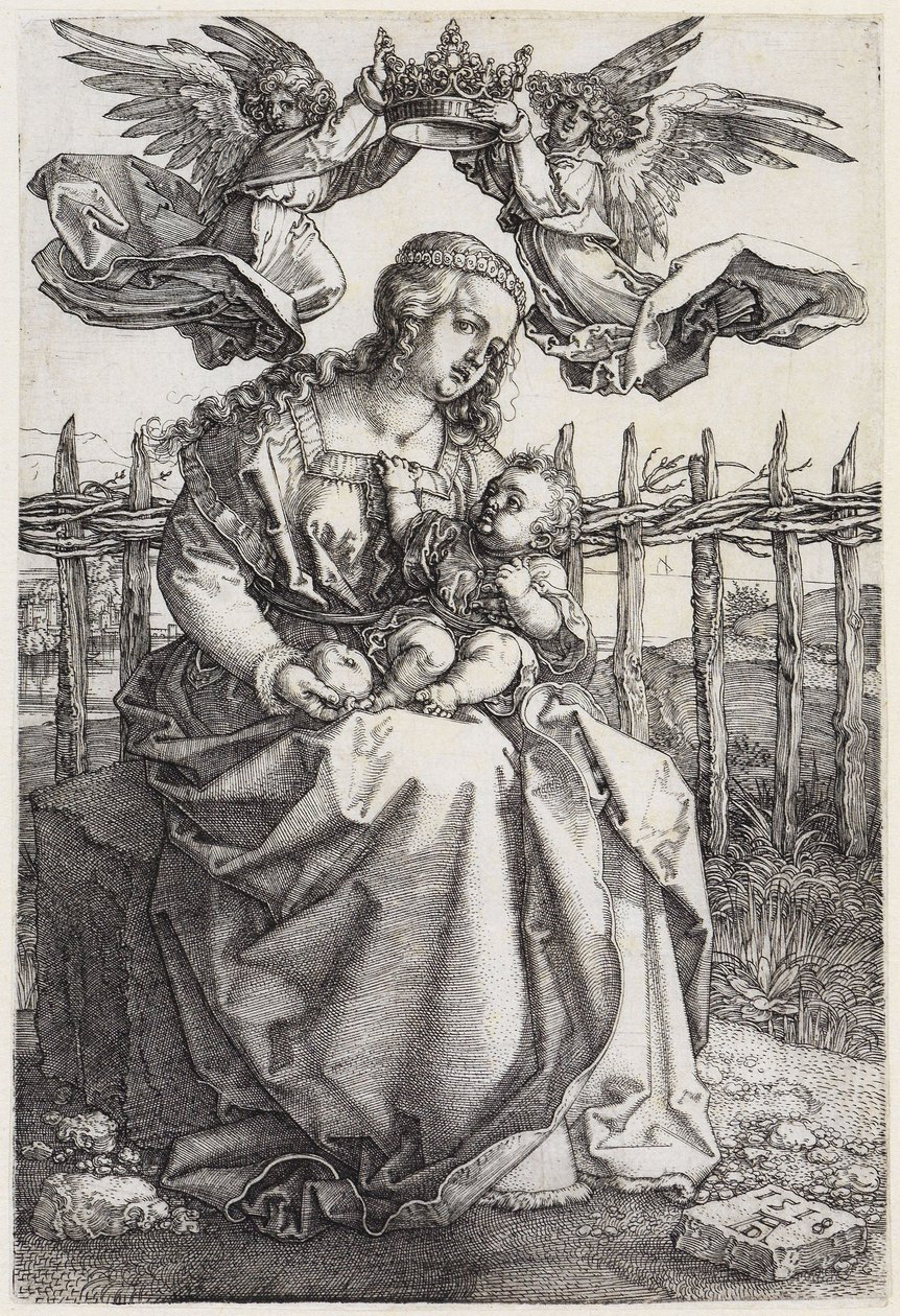 Maria met het Kind, gekroond door twee engelen door Albrecht Dürer