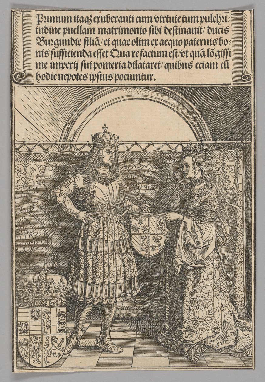 Maximiliaan en Maria van Bourgondië, plaat 2 uit Historische scènes uit het leven van keizer Maximiliaan I uit de Triomfboog door Albrecht Dürer