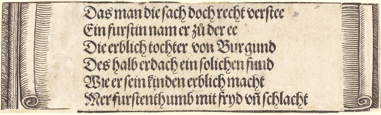 Gedrukte tekst voor "De verloving van Maximiliaan met Maria van Bourgondië" door Albrecht Dürer
