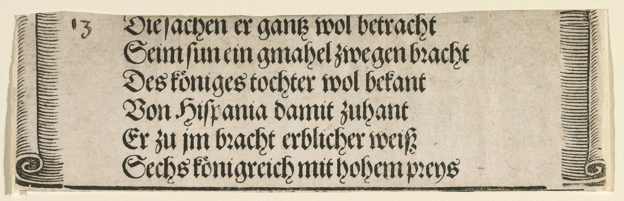 Gedrukte tekst voor "De Verloving van Filips de Schone met Johanna van Castilië" door Albrecht Dürer