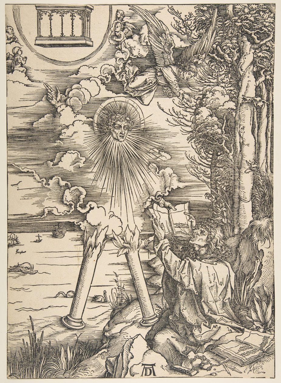 Sint Jan die het boek inslikt, uit De Apocalyps, Latijnse editie, 1511 door Albrecht Dürer