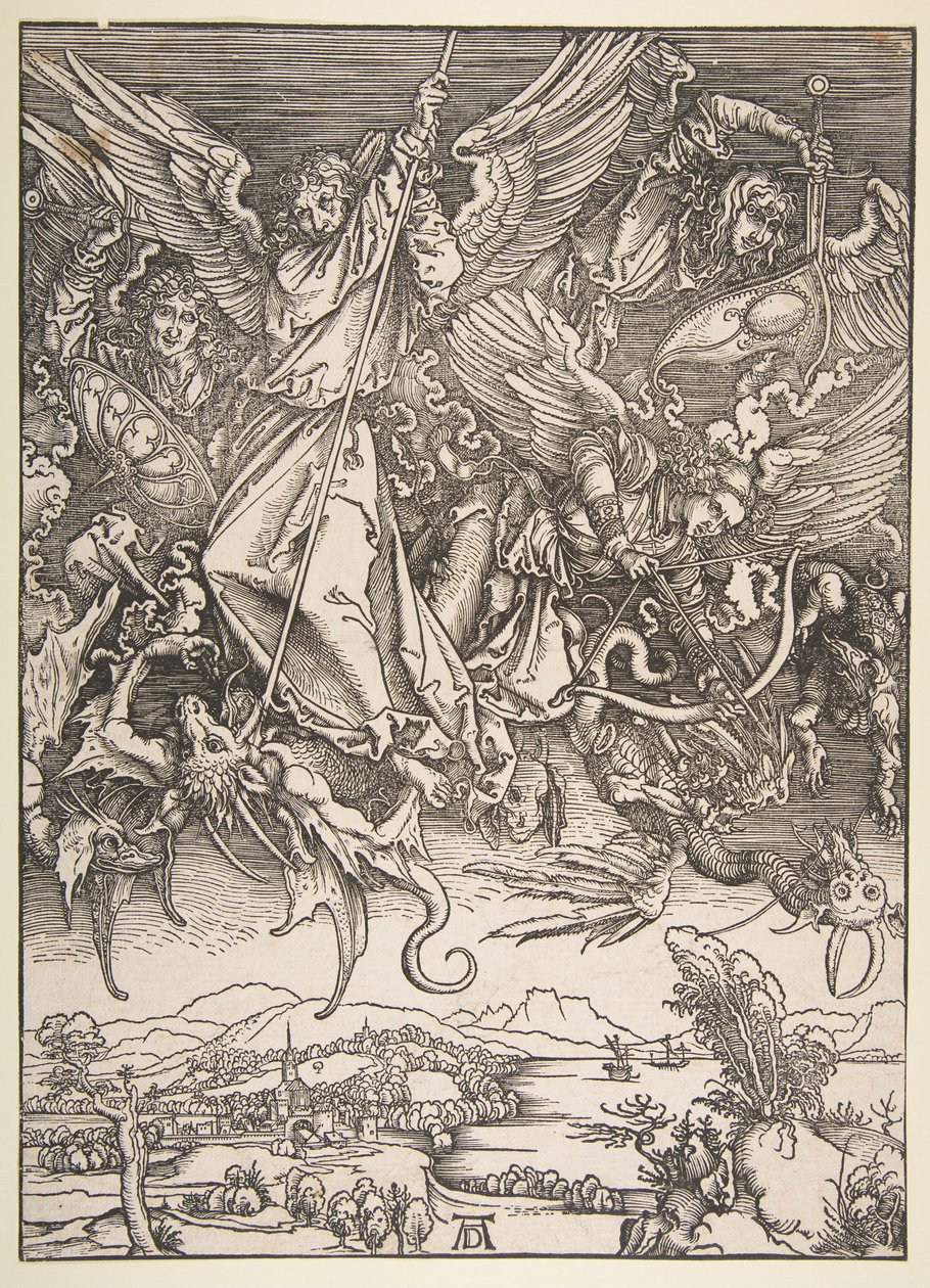 De heilige Michaël in gevecht met de draak, uit „De Apocalyps“ door Albrecht Dürer