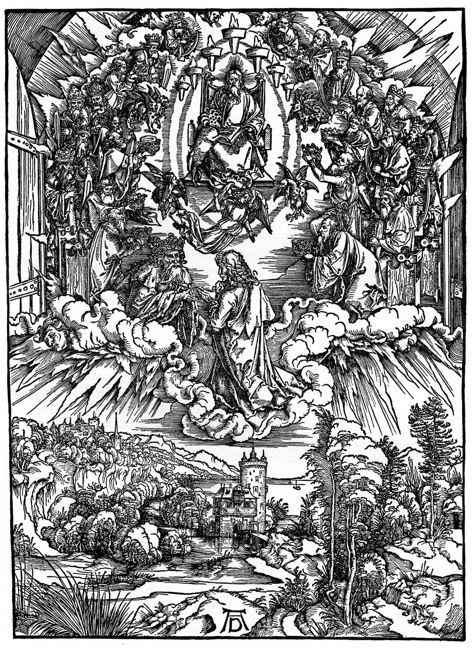 Scène uit de Apocalyps, St. Johannes voor God de Vader en de Vierentwintig Oudsten, 1498 door Albrecht Dürer