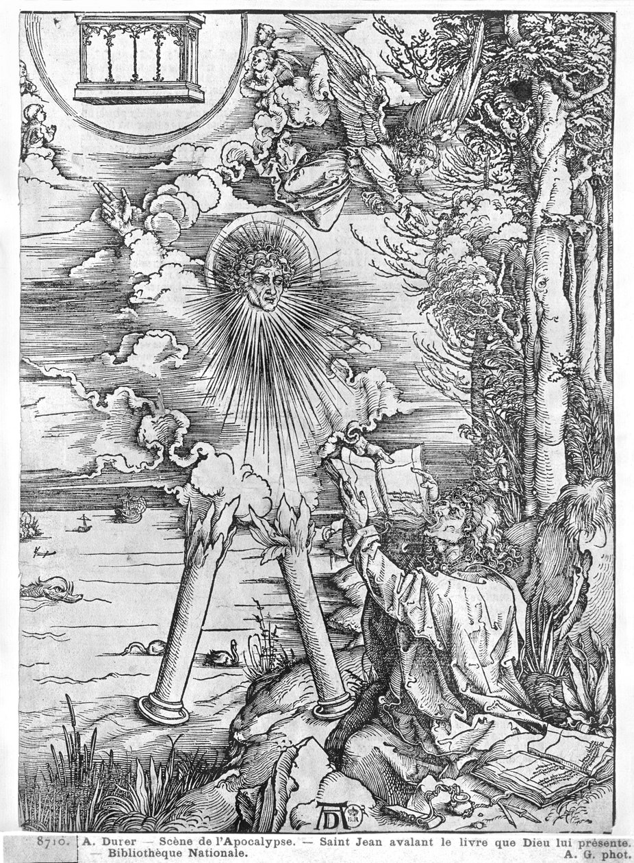 Scène uit de Apocalyps, St. Johannes die het Boek verslindt, Latijnse editie, 1511 door Albrecht Dürer