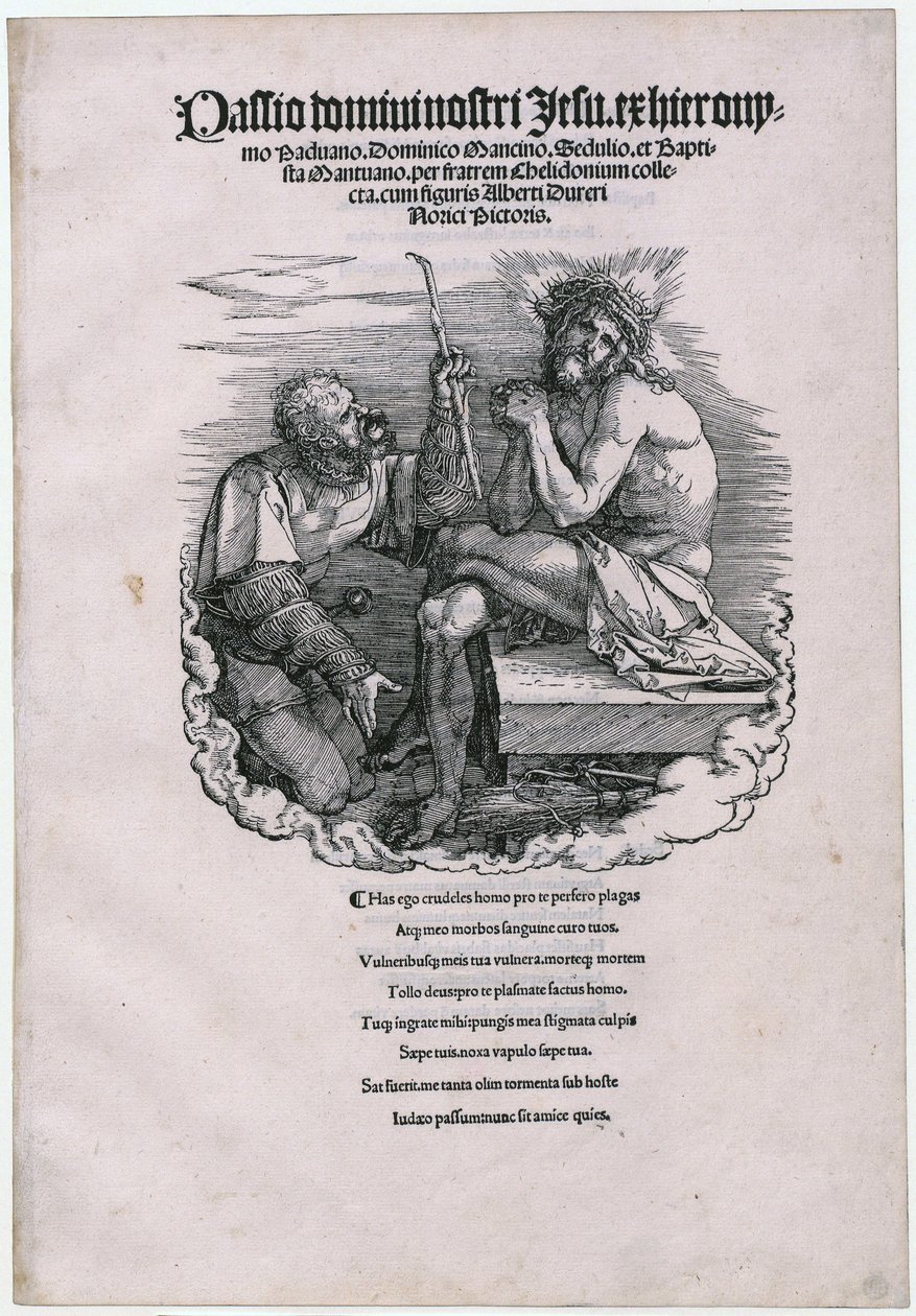 De Man van Smarten en de Landsknecht, blad 1 [titelblad] van de reeks „De Grote Passie“ door Albrecht Dürer