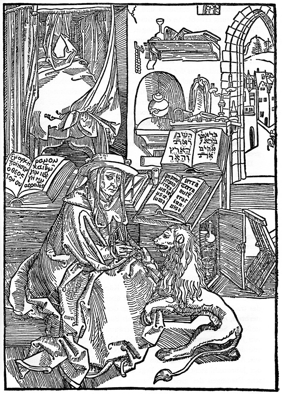 St. Jerome in zijn studeerkamer trekt een doorn uit de poot van een leeuw door Albrecht Dürer