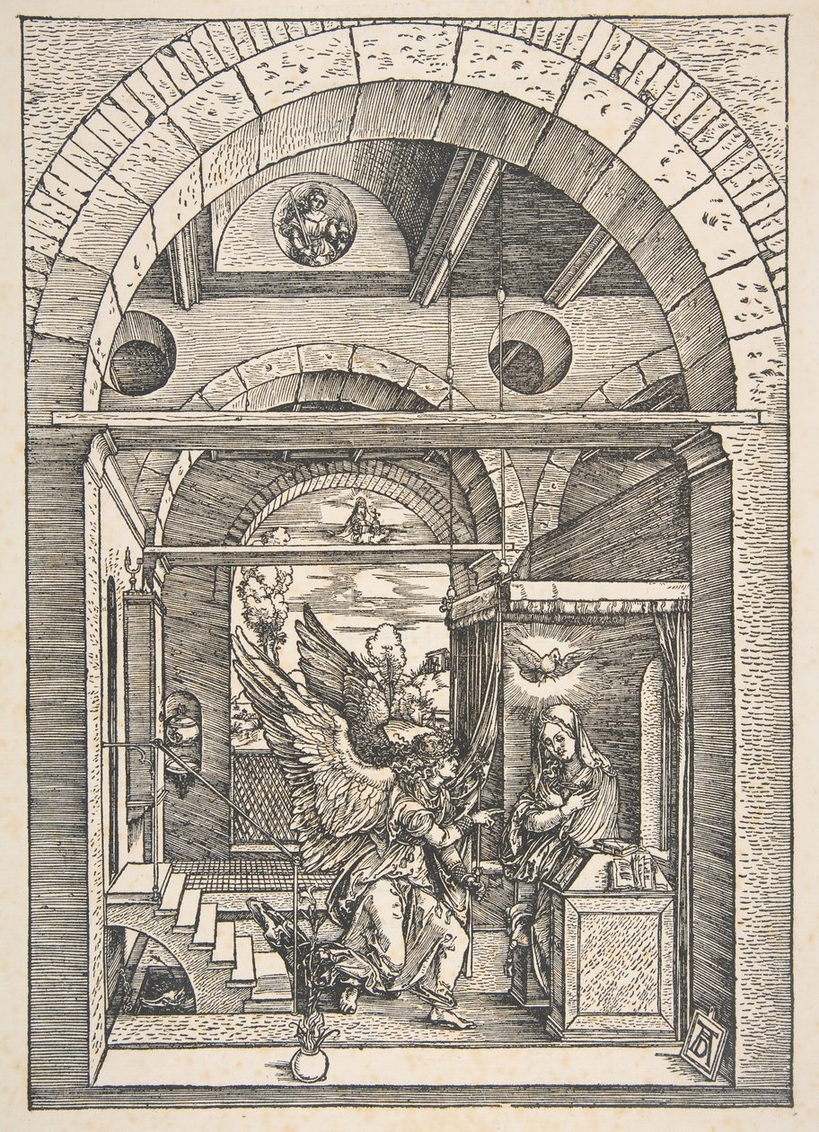 De Annunciatie, uit Het Leven van de Maagd, Latijnse Editie, 1511 door Albrecht Dürer